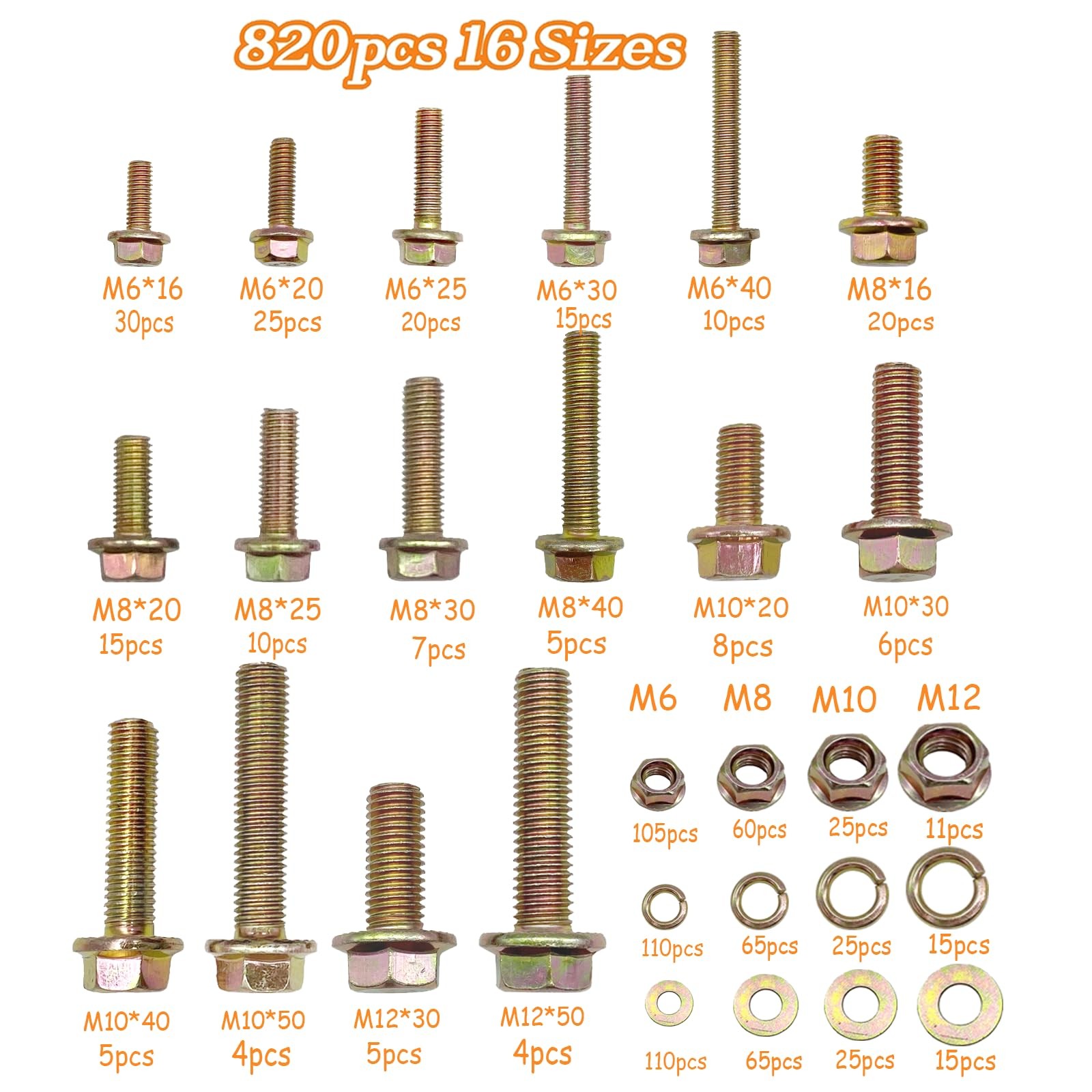 820pcs Metric M6 M8 M10 M12-Yellow Zinc Flange Bolts, Yellow