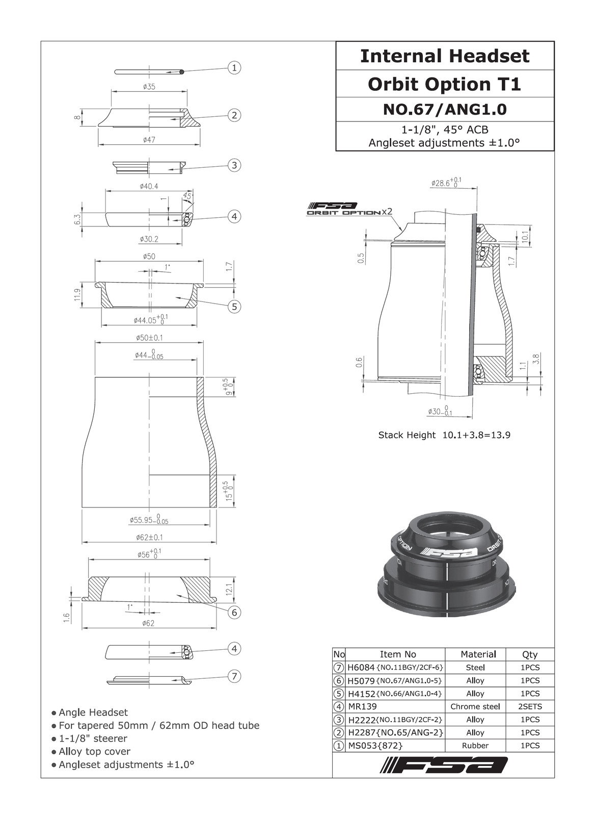 FSA Orbit Option T1 Kit Angle Headset 50/62mm Tapered