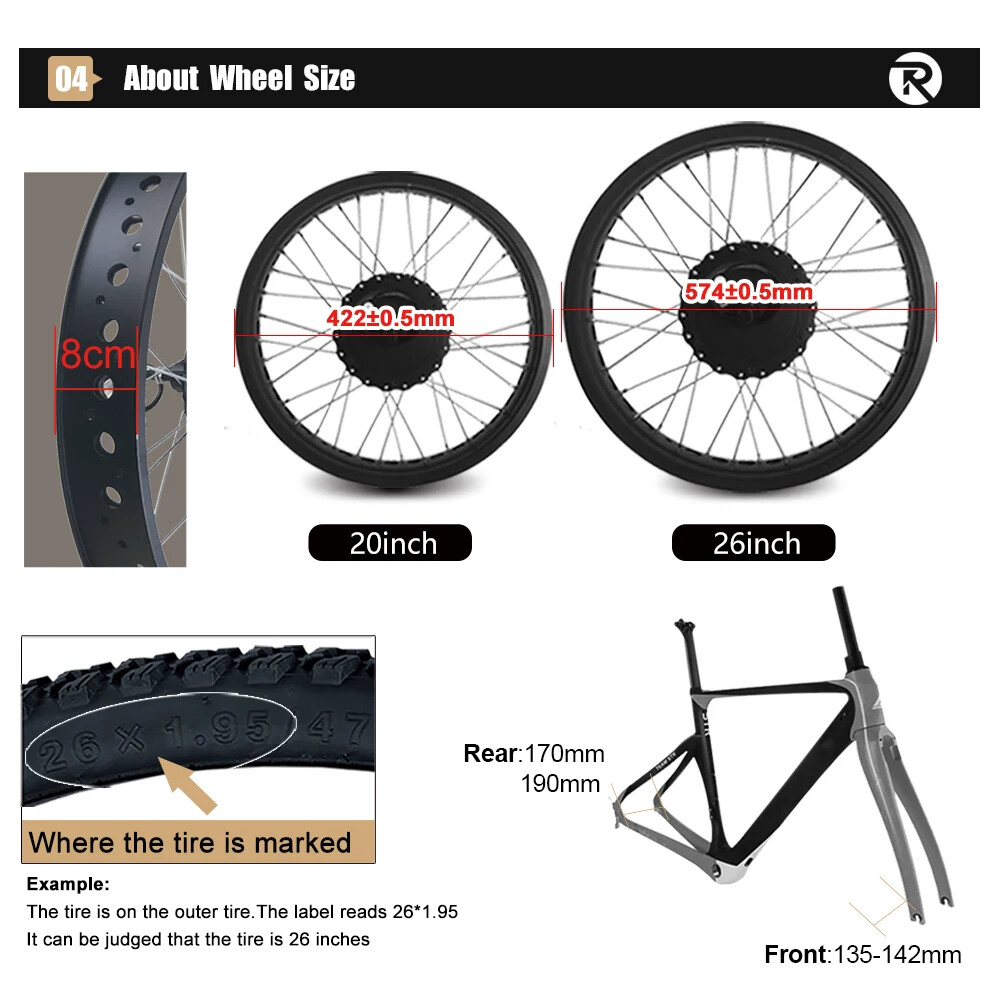 500W 36V 48V Fat Electric Bike 20 26inch 4.0 Tyre Front/Rear Hub Motor Wheel Kit
