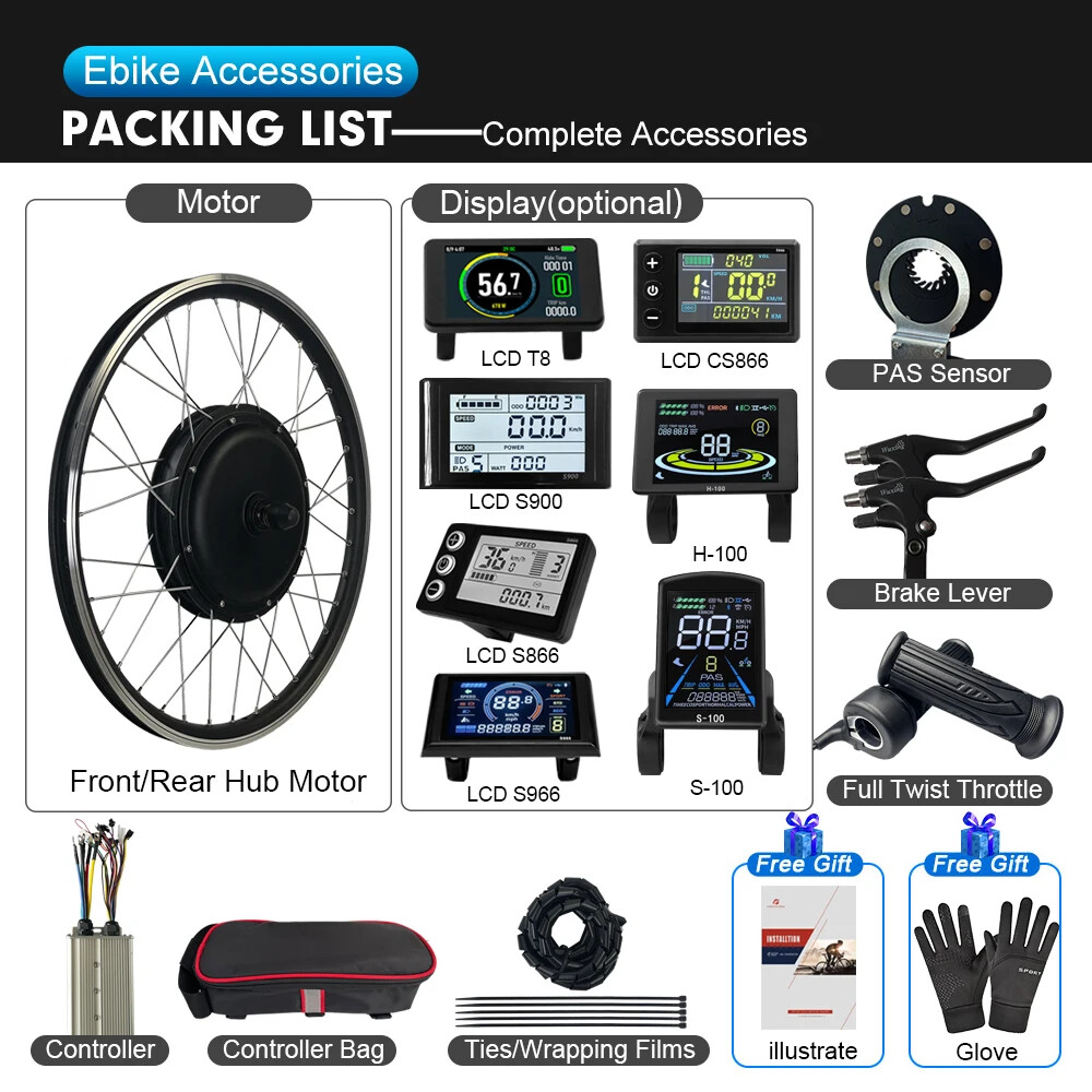 E-bike Conversion Kit 48V 2000W Brushless Gearless Front Rear Hub Motor Wheel