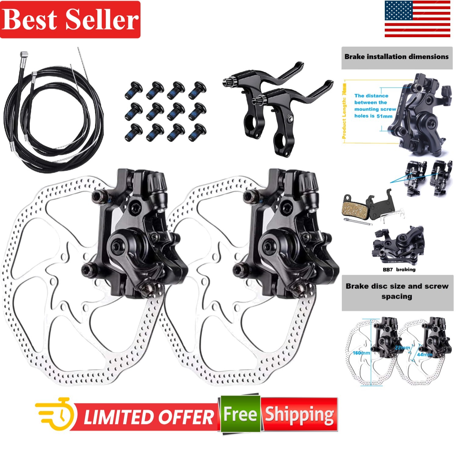 Universal Bike Front & Rear Disc Brake Kit with 160mm Rotors for Safety Upgrade