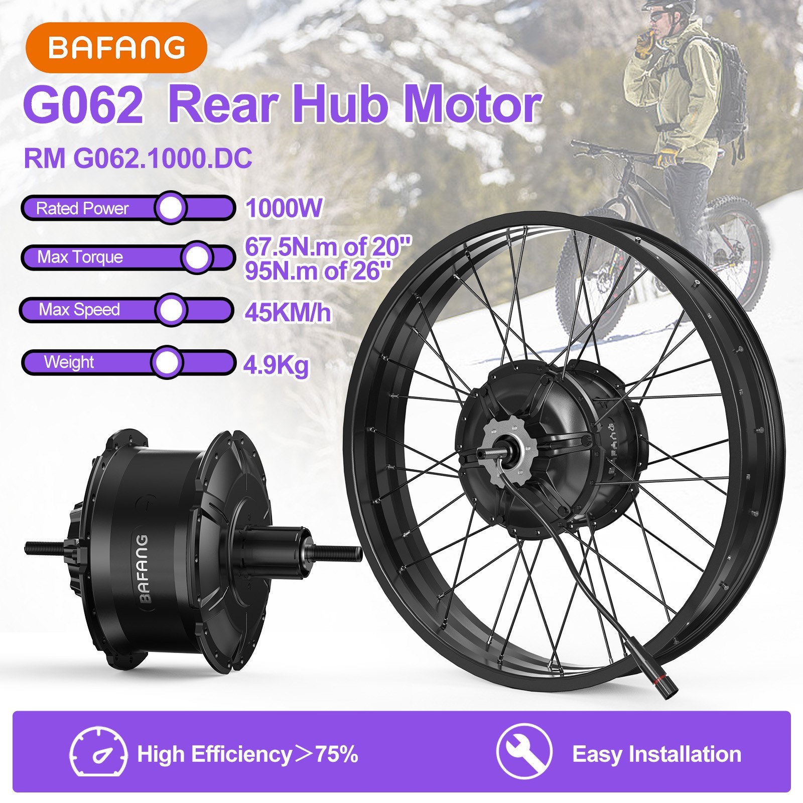 BAFANG 48V1000W Rear Wheel Hub Motor 20″ 26″ EBike Conversion Kits for Fat Tire