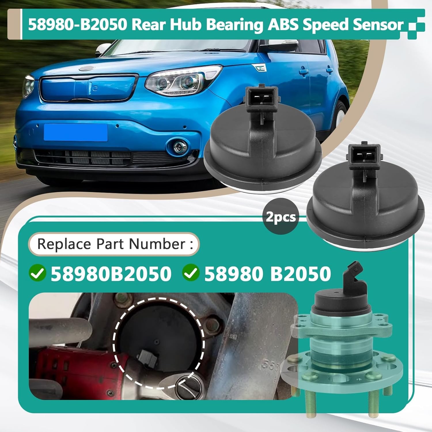 2 Pcs 58980-B2050 Rear Hub Bearing ABS Speed Sensor | Compatible with Kia Soul 2