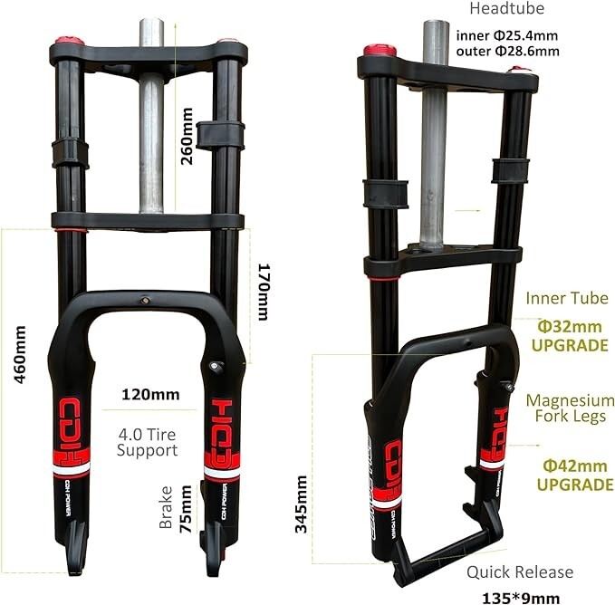 CDH 20X4.0″ Fat Tire Bike Fork, Air Suspension Bicycle Fork Double Shoulder Fork
