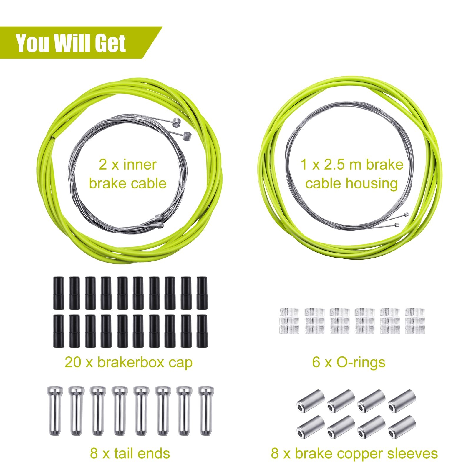 5 Pack Universal Bike Brake Cable Kit 4mm Inner Wire Housing Ferrules Green