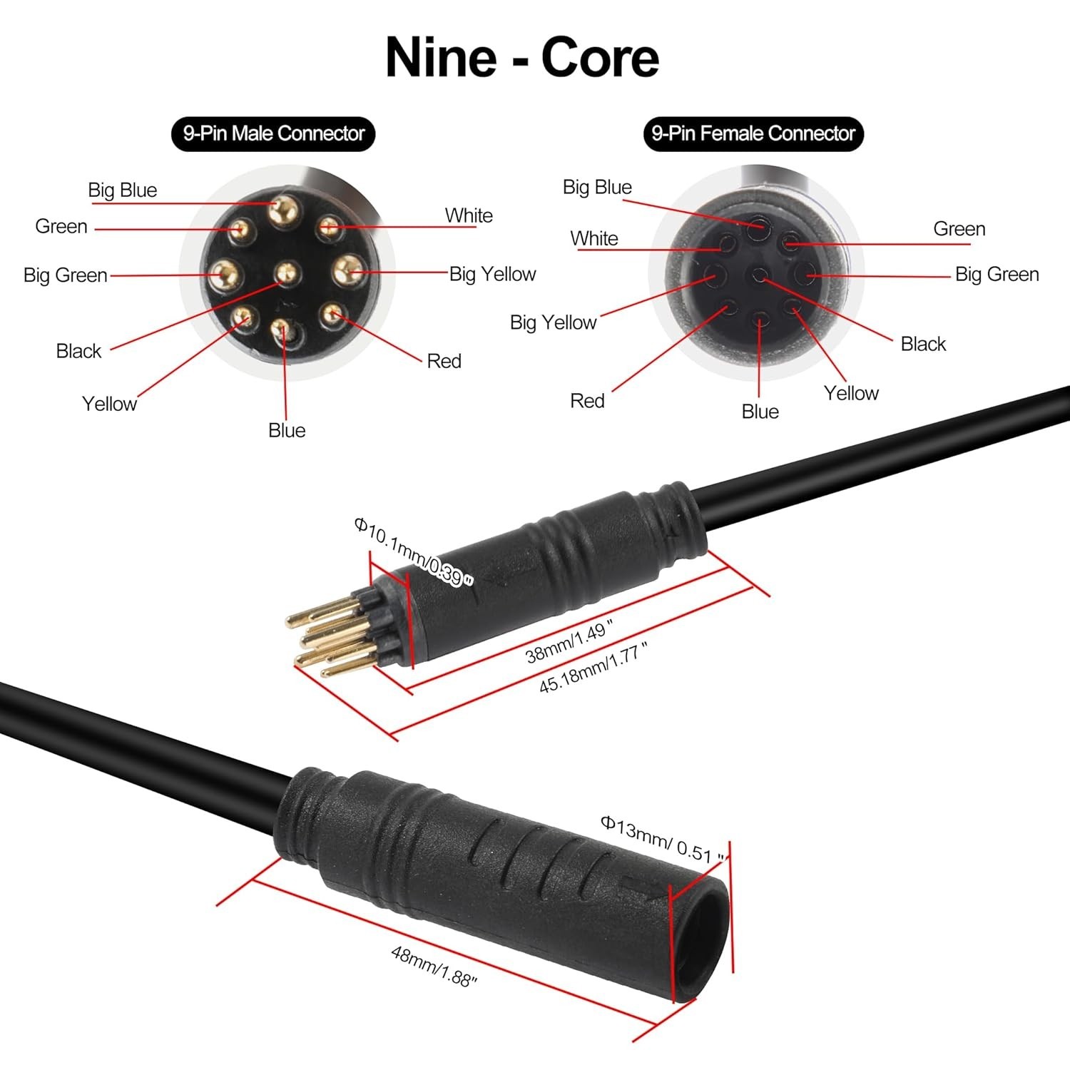 2PCS 9 Pin E-Bike Motor Extension Cable, Male & Female Waterproof Connectors,…