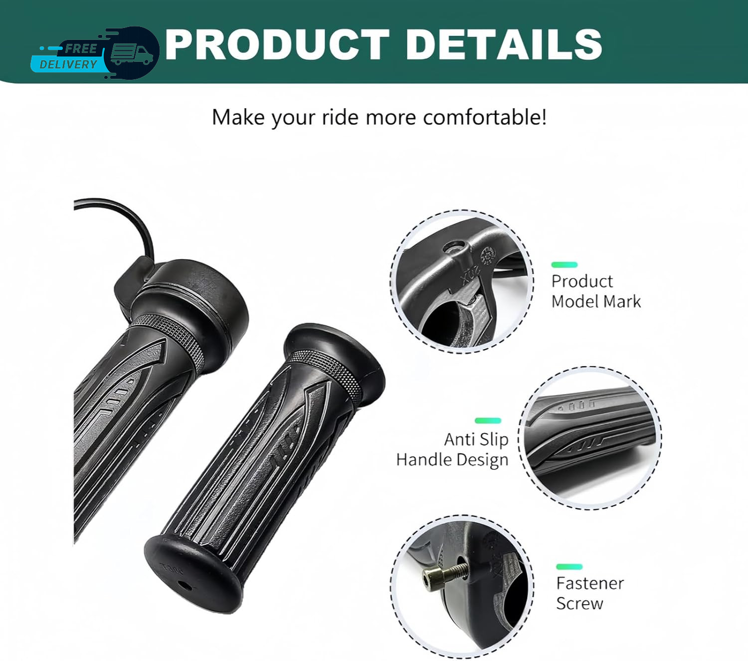 Ebike Full Twist Throttle 12V-72V 3Pin SM Connector Ebike Throttle with 71″ Wire