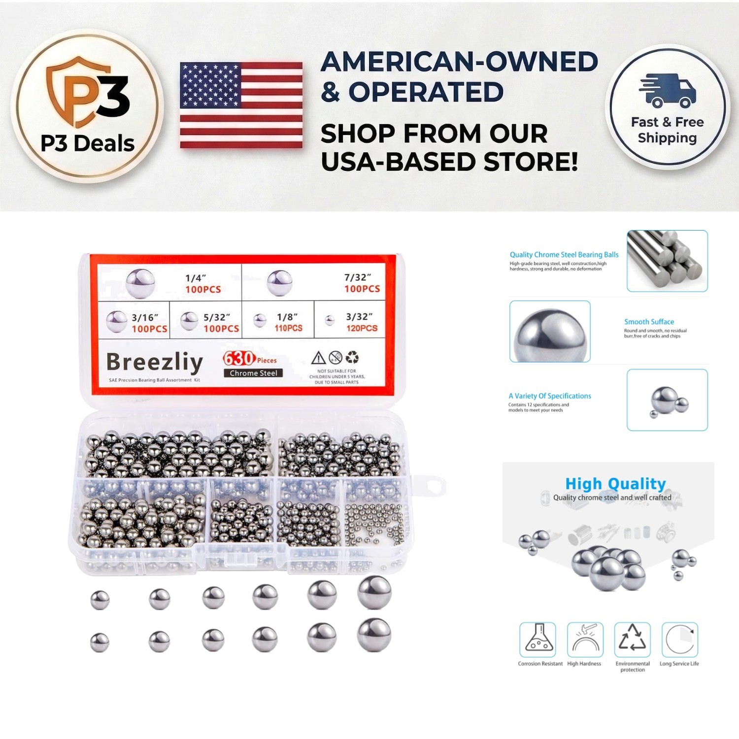 Assorted 630 Chrome Steel Bearing Balls: 1/4″, 7/32″, 3/16″, 5/32″, 1/8″, 3/32″