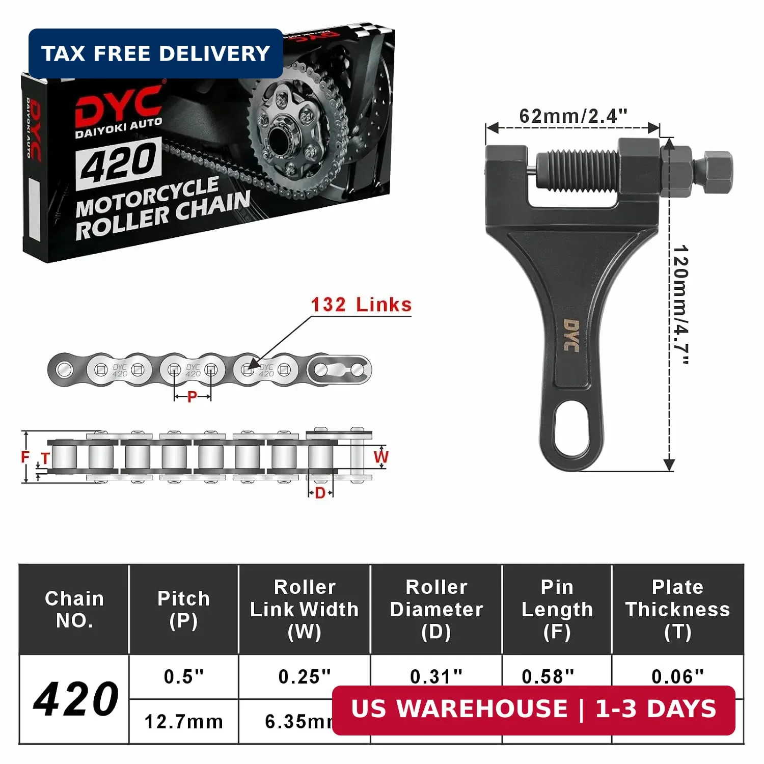 DYC 420 Chain 132 Links with 5 Master Links and Chain Breaker Tool | Cut to fit
