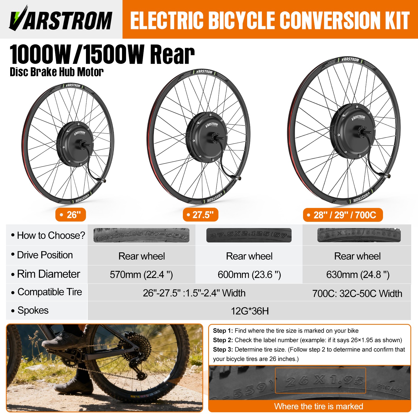 48V1500W26″27.5″700C Varstrom Rear Wheel Hub Motor Cassette EBike Conversion Kit