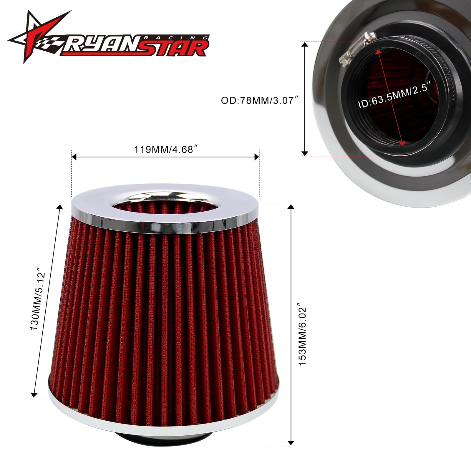 RYANSTAR RACING 63mm 2.5″ High Flow Round Tapered Cone Cool Air Filter…