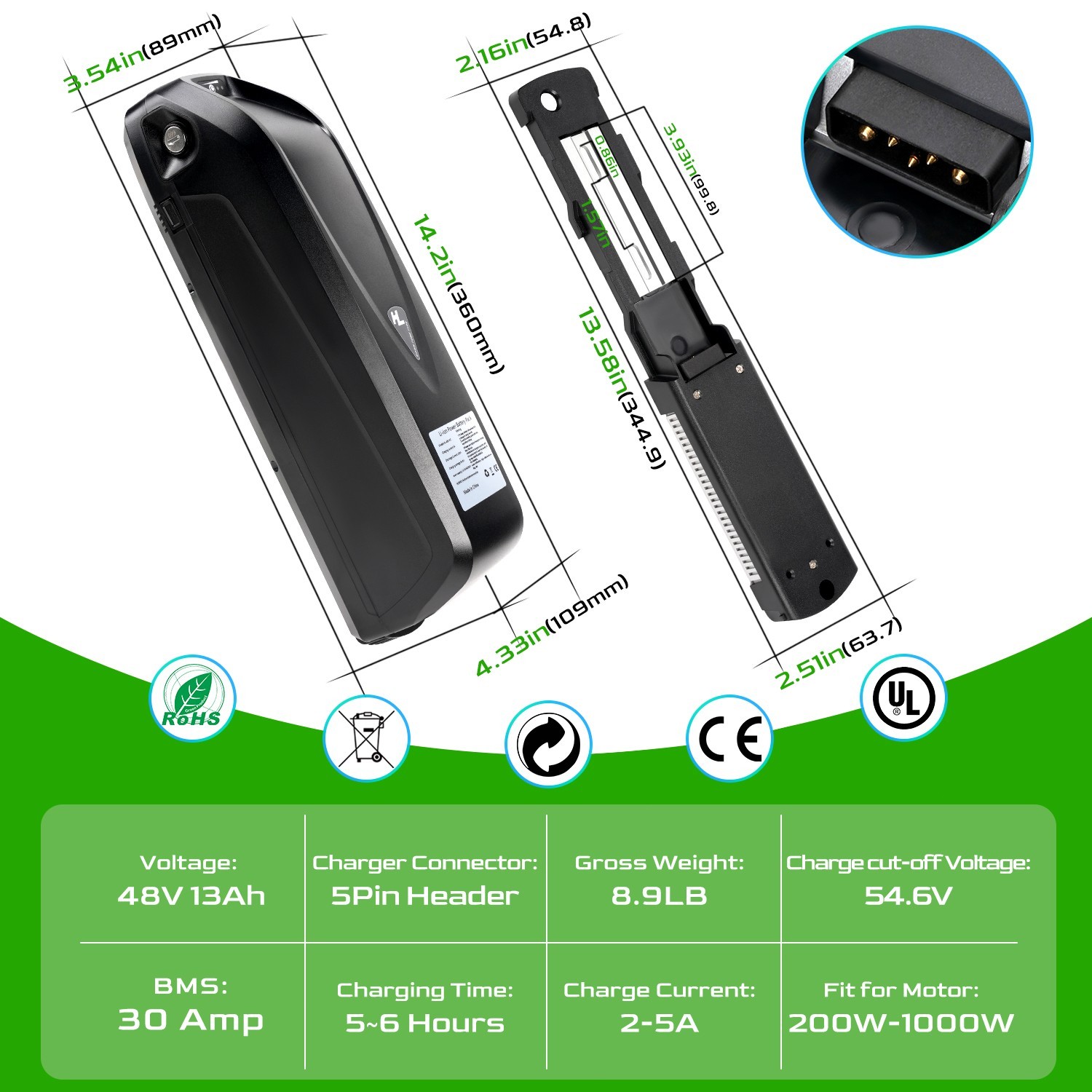 48V Hailong Lithium Ebike Battery 48V 13Ah Electric Bike Battery 100W-1200W BMS