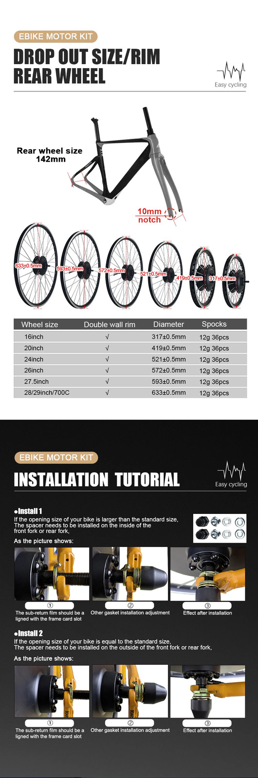 Electric Bicycle Conversion Kit 36V 48V 250W Rear Cassette for E-Bike Hub Motor