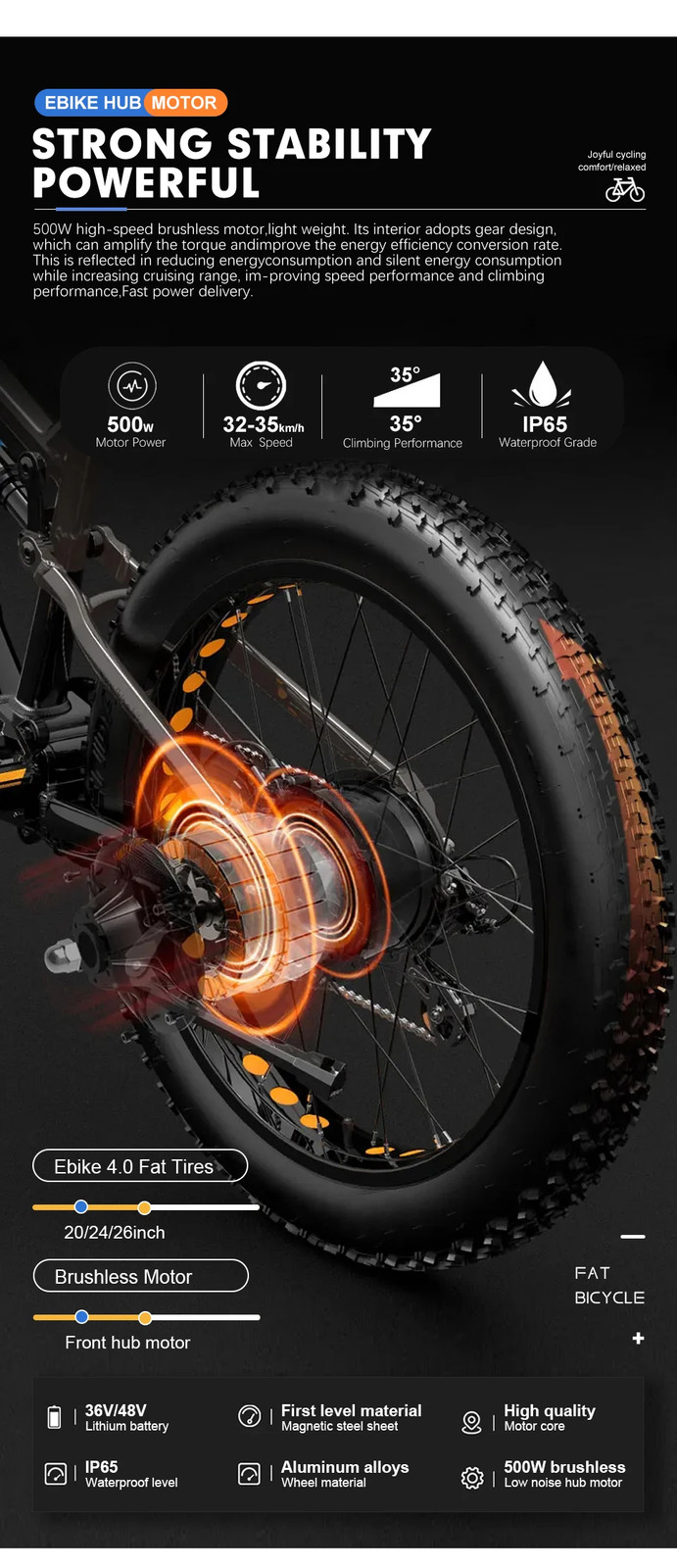36V/48V 500W Ebike Conversion Kit Fat Tire 4.0 Tyre Front Wheel Hub Motor