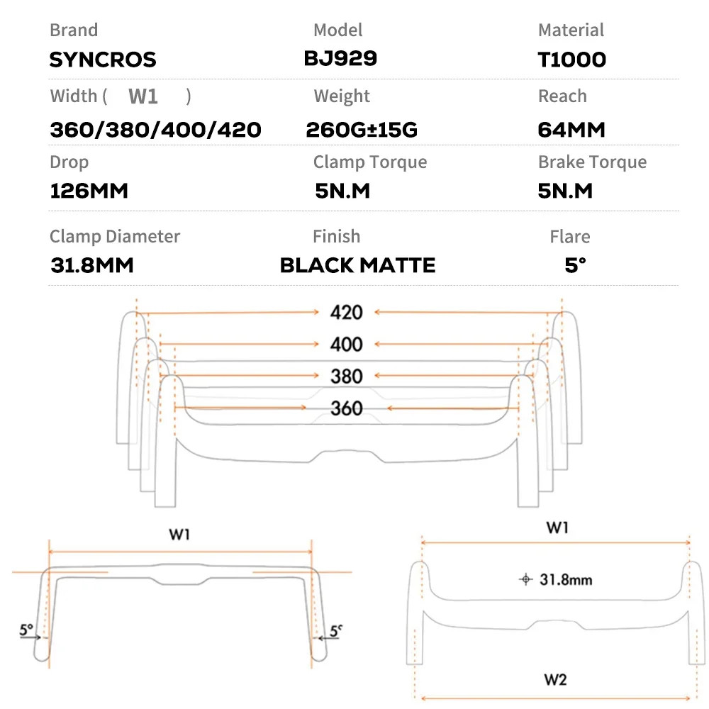 Syncros Road Bicycle Handlebar 380mm/400mm/420mm/440mm Internal Routing Drop Bar
