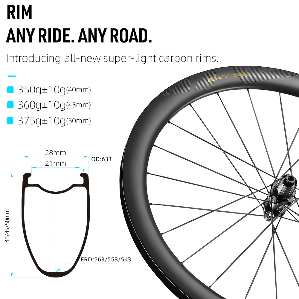 RYET Ultralight Carbon Disc Road Rim 40/45/50mm 28mm Tubeless 24H 350-375g 700C