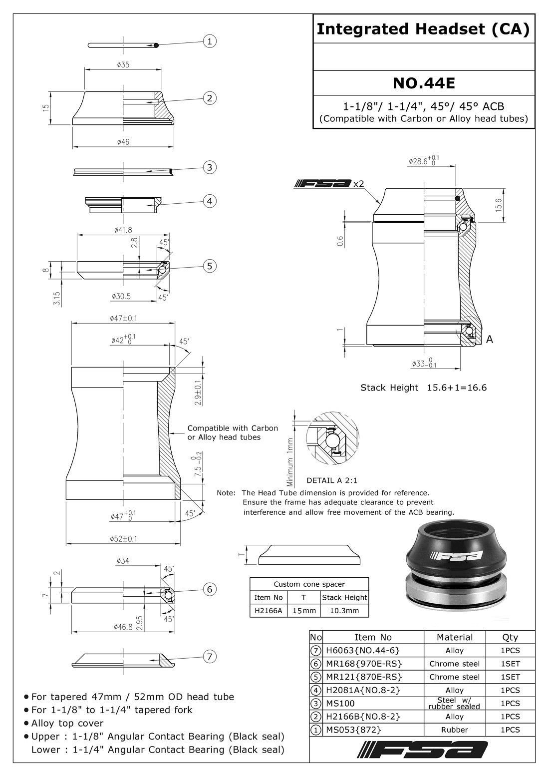 FSA ORBIT C-33 Integrated Headset Fit 1-1/8″ to 1-1/4″ (Height:15.8mm) Tapered