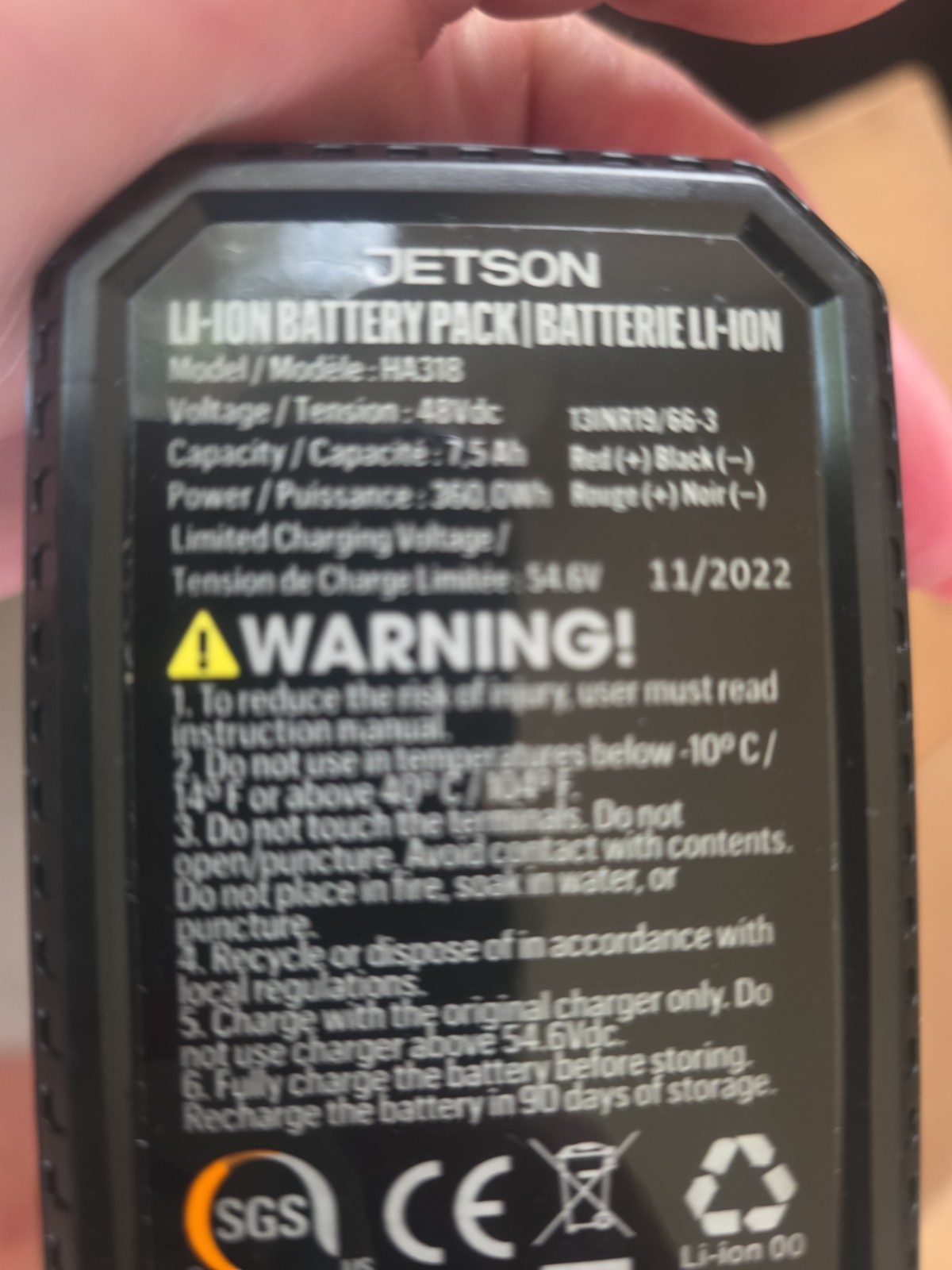 Jetson HA318 PJHAZE-BTK Genuine Haze Bat 005 48V 7.5 Ah Battery Pack; No Keys