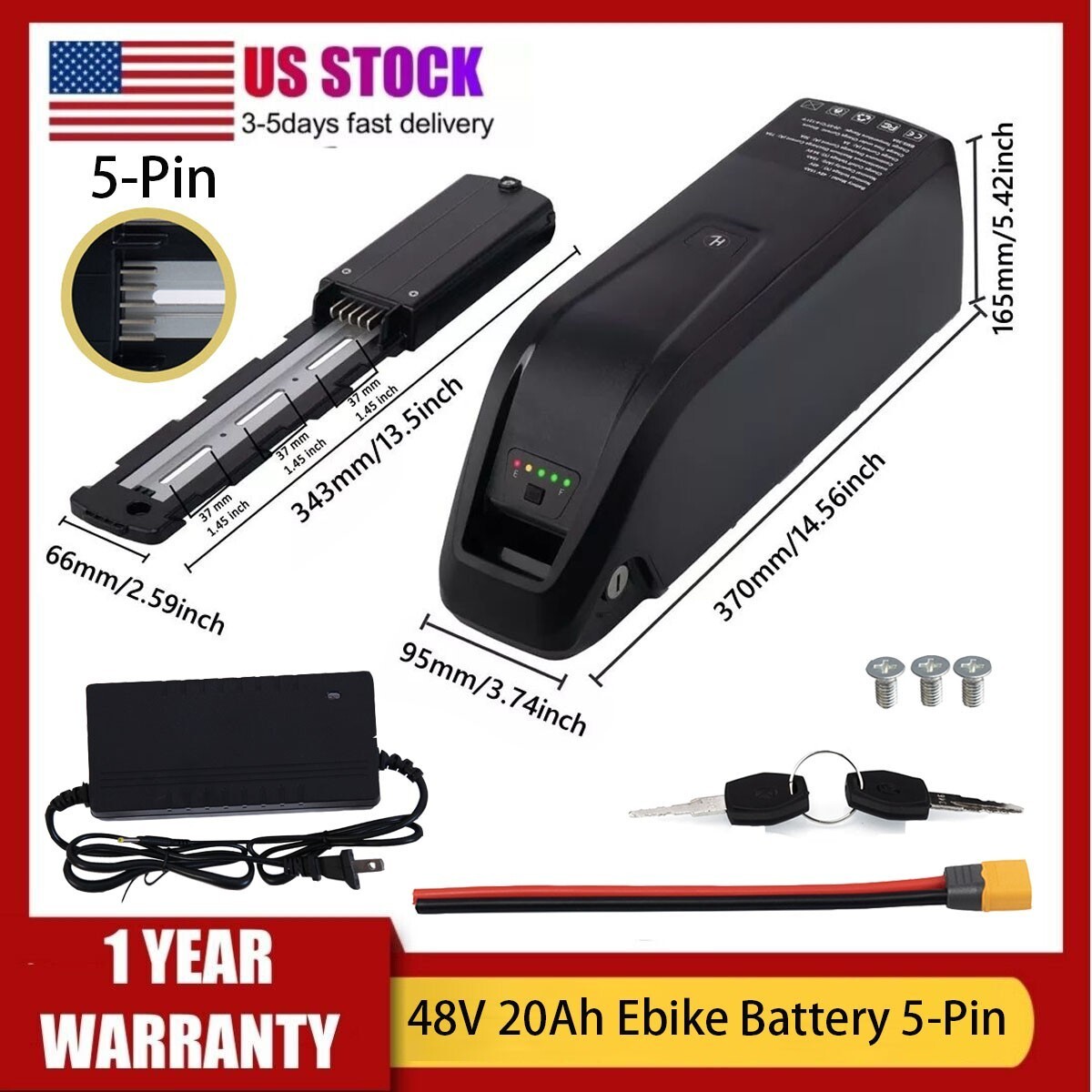 Hailong Lithium 48V 20Ah 100-1800W Electric Bike Ebike Battery 5Pin with 40A BMS