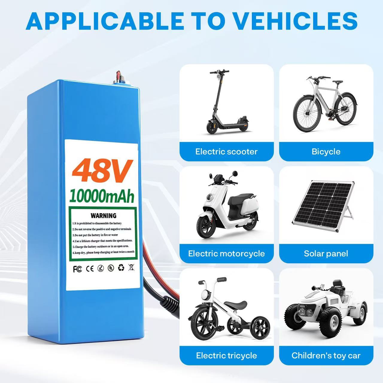 36/48V Battery 8/10/15/20AH Lithium for Electric Motor 200W-1000W With BMS Cell