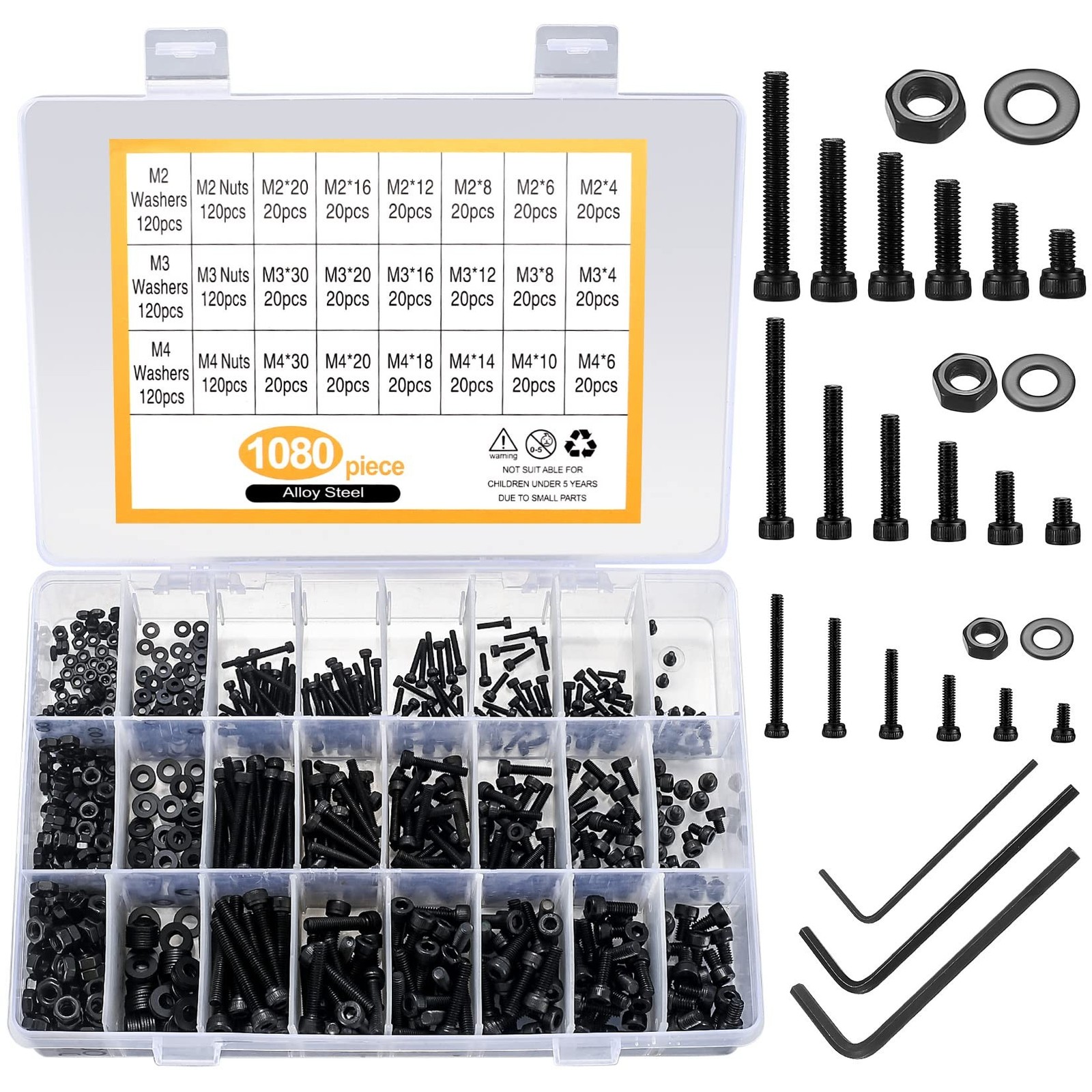 1080 Pcs M2 M3 M4 Hex Button Socket Head Cap Screws Bolts Nuts Flat Washers A…