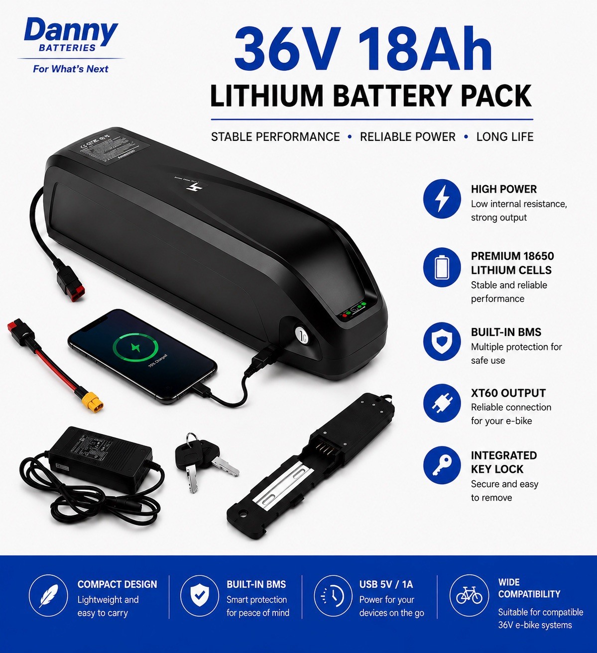 36V 18Ah Ebike Battery Downtube Lithium Battery for 36V Electric Bike