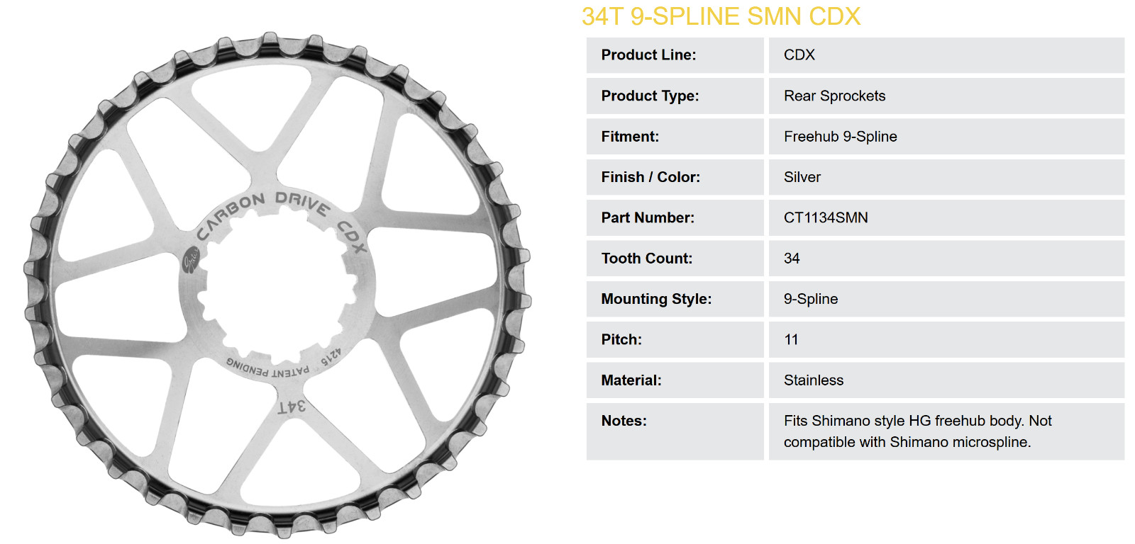 Gates Carbon Drive CDX 9-Spline 34-Tooth Rear Sprocket CT1134SMN Shimano