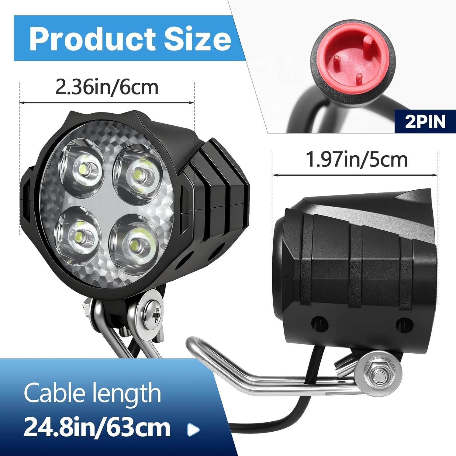 Ebike Headlight 2 Pin, Ebike Front Light for 36V 48V Battery Systems, Waterproof