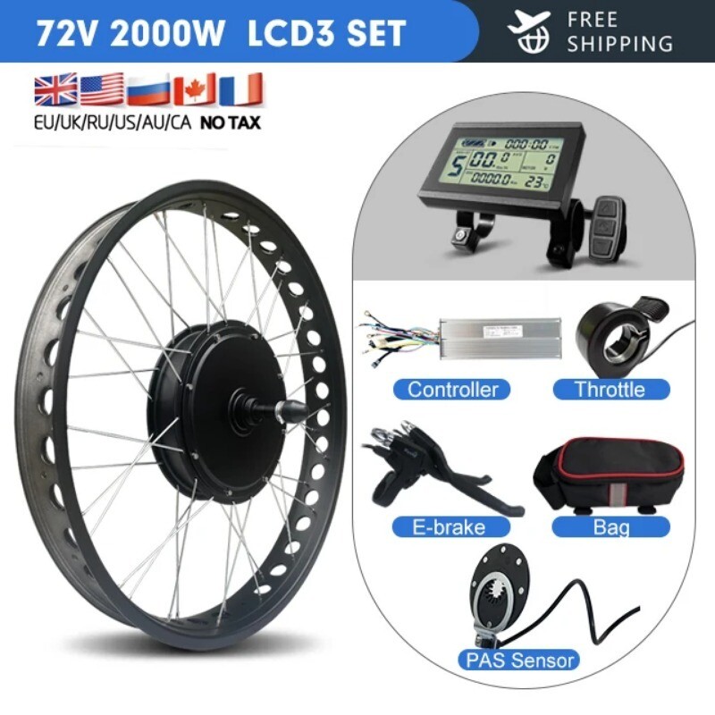 72V 2000W Snow Fat Tire Ebike 20/24/26in Brushless Gearless Rear Hub Motor Wheel