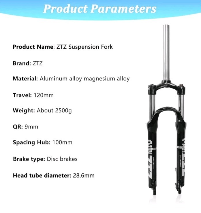 29″ MTB Suspension Fork 100mm Travel & Spacing 9mm QR Hub 28.6mm Straight Tube