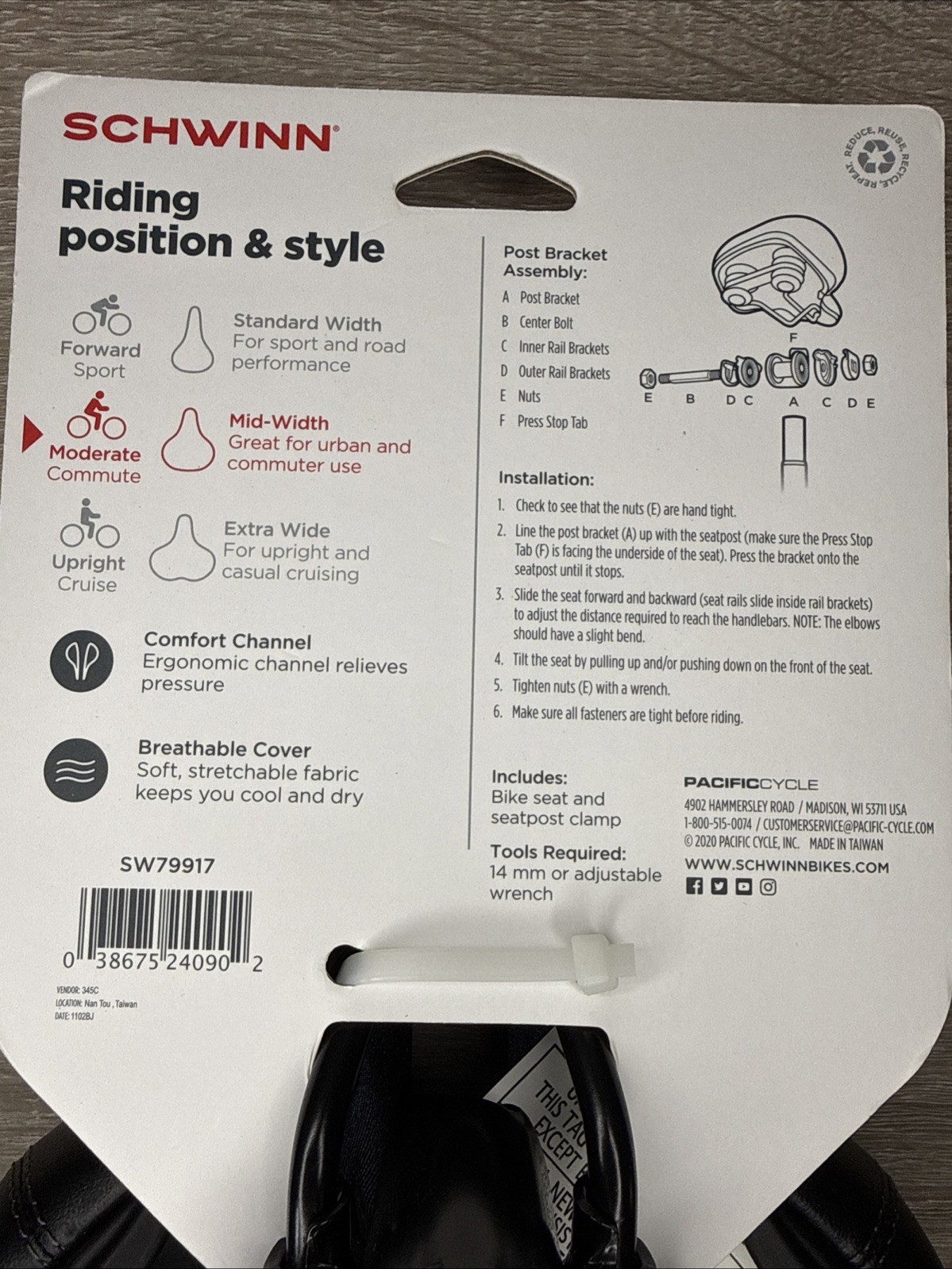 Schwinn Gateway Commute Bike Seat Vibration Dampening Smooth Gel Padding NEW