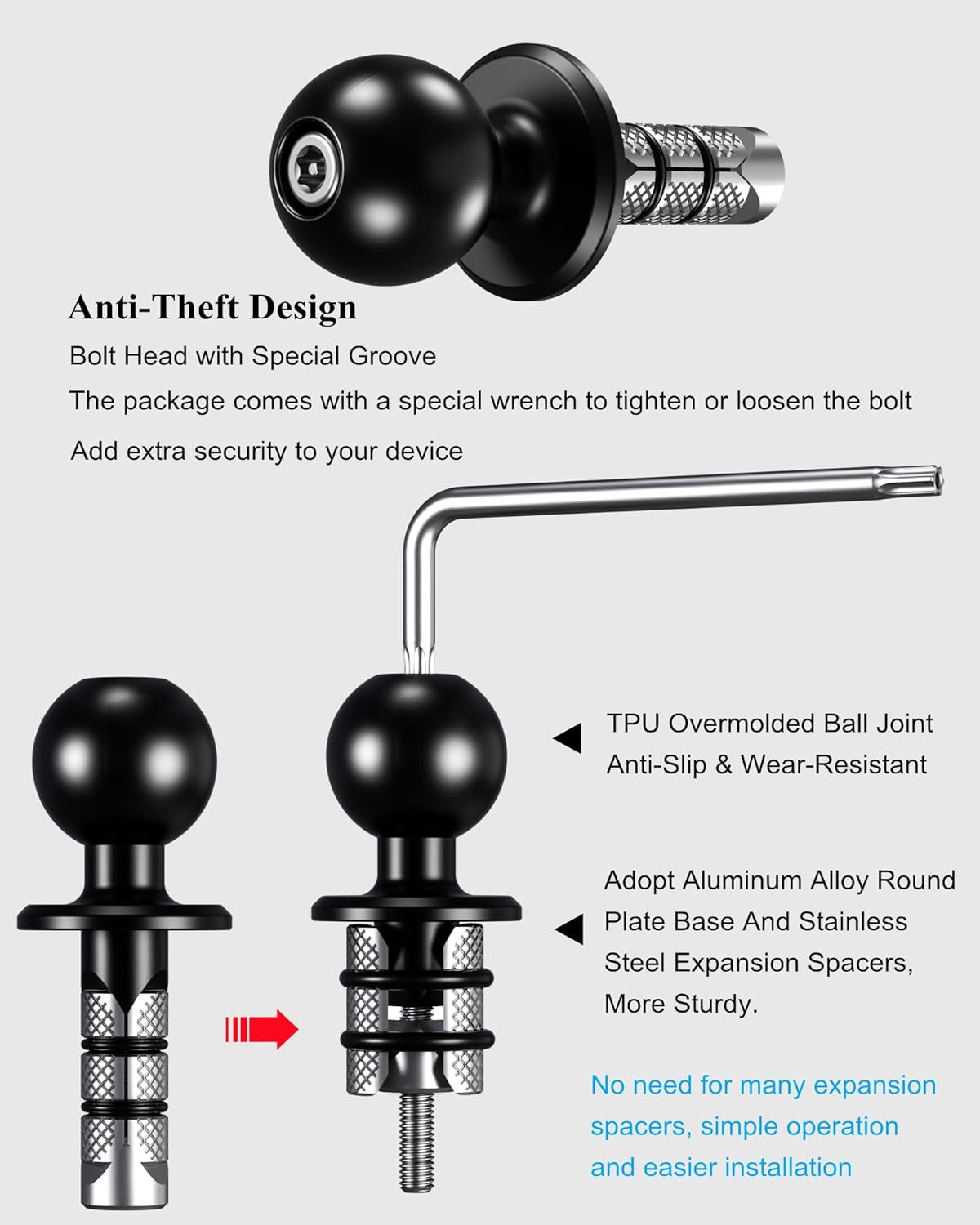 Metal Motorcycle Fork Stem Mount Base with 1» TPU Ball for Stem Holes 12Mm to 2
