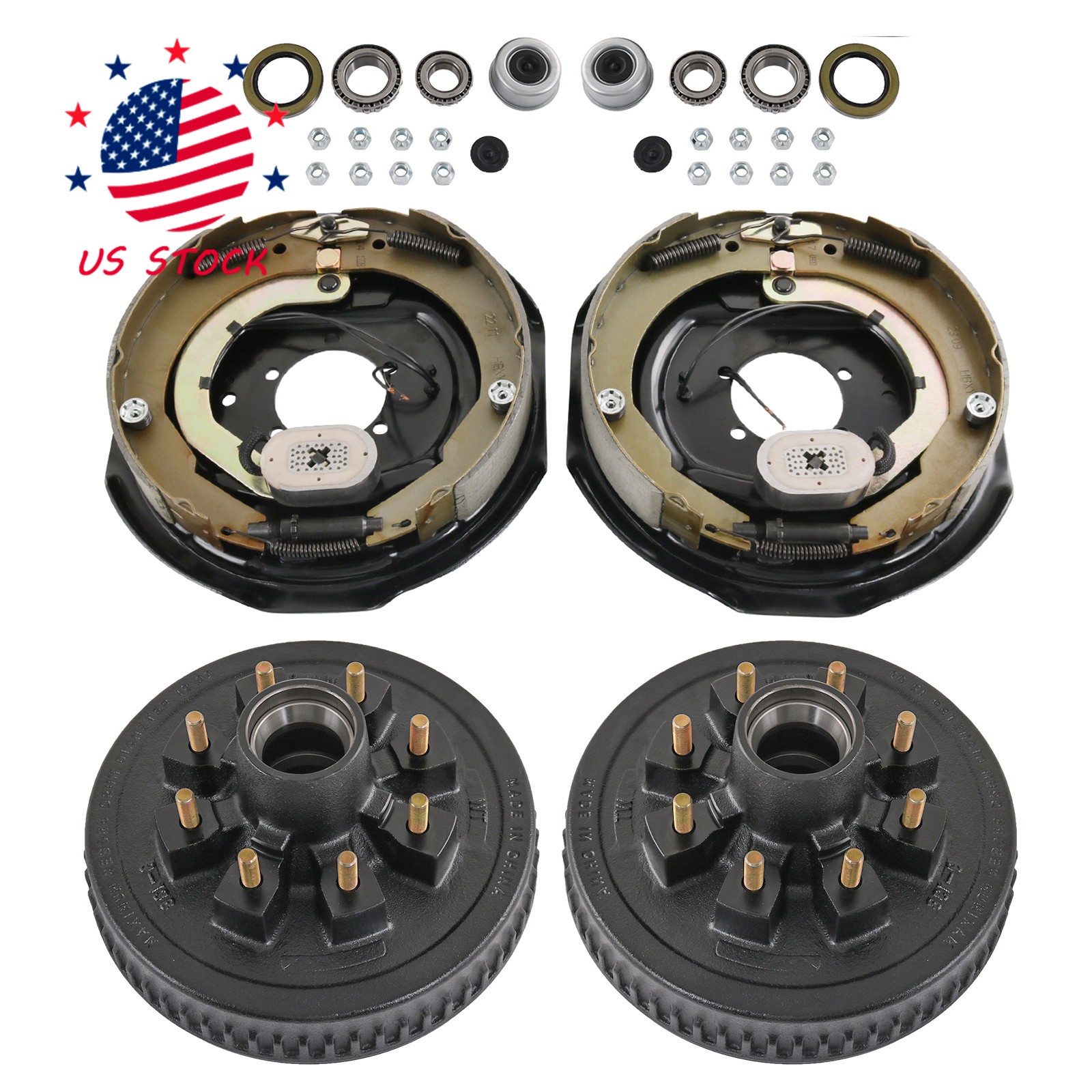8 on 6.5″ Bolt Circle Hub Drum Kits w/ 12″ x 2″ LH&RH Electric Brake for 7000lbs