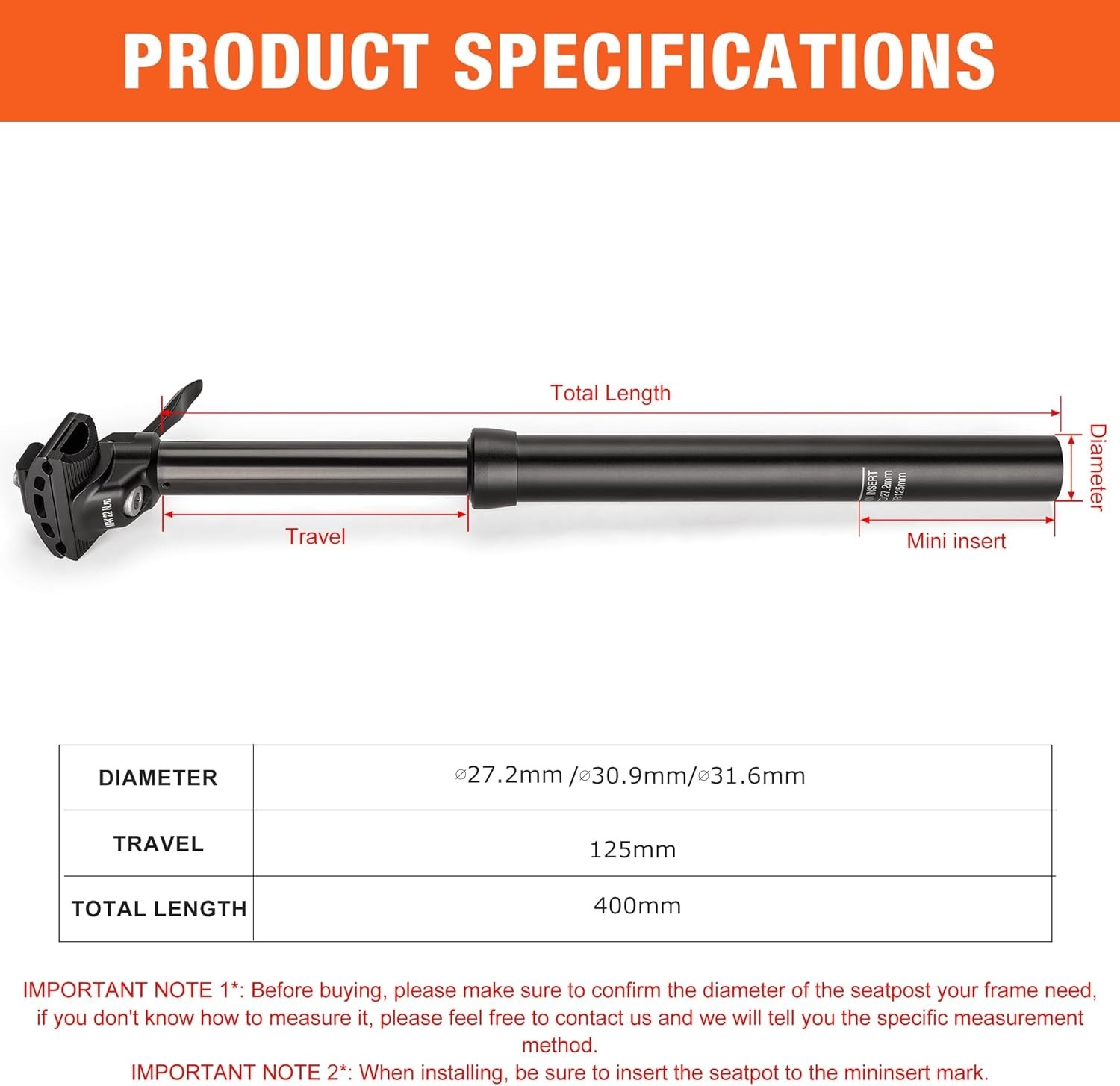 Dropper Post 27.2/30.9/31.6mm x 400mm Length 125mm Travel Lightweight Aluminum