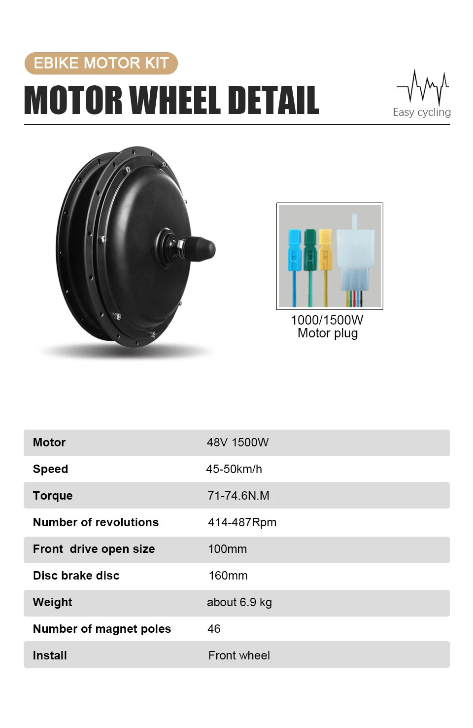 48V 1500W E-bike Conversion Kit Brushless Hub Motor Wheel Front Fork 100mm