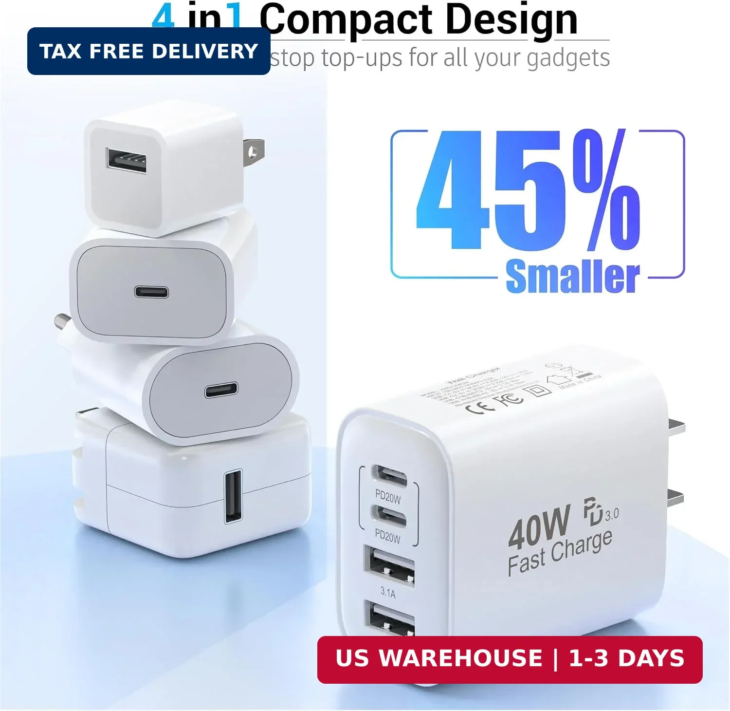 TT&C USB C Charger Block, 40W 4 Ports Wall Charger for iPhone 17,16,15,14 | Mult