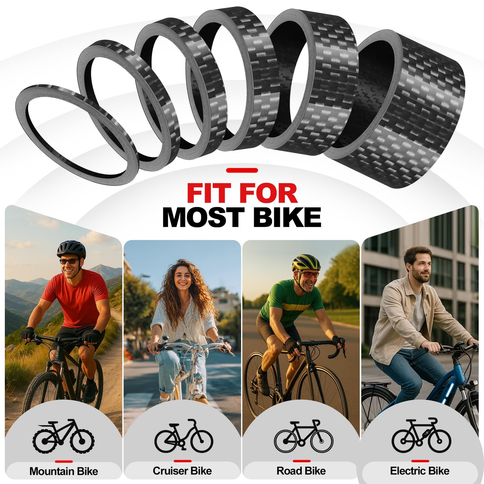 Carbon Fiber Bike Headset Spacers, 1 1/8 Inch, 12 Pack, 6 Sizes, Lightweight
