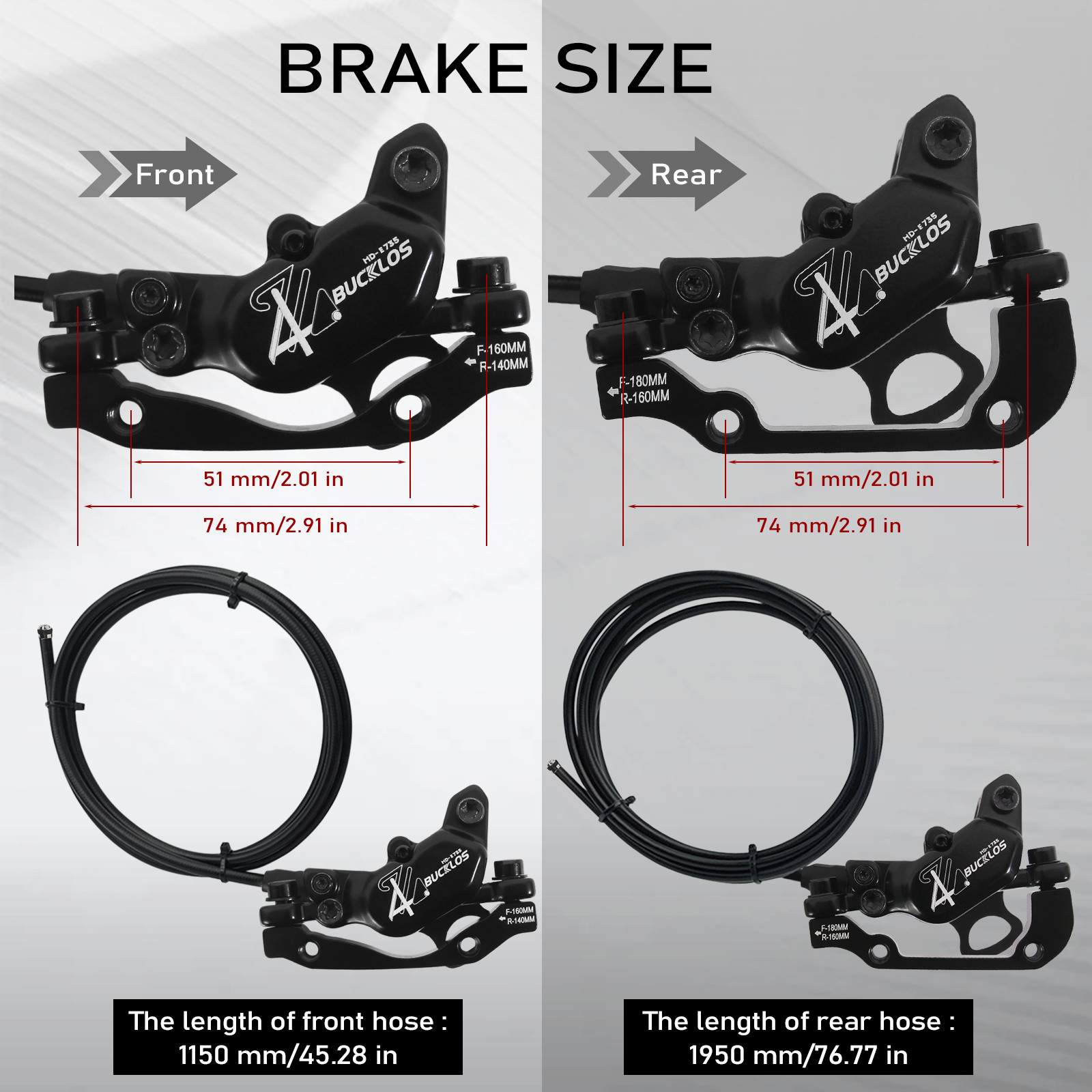 E-Bike Hydraulic Brakes Set Front/Rear 4-Pistons Power Off 1150&1950mm HD-E735