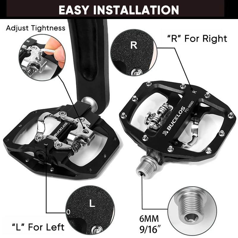BUCKLOS Dual Function MTB Bike Pedals SPD Compatible Clip-In + Platform 9/16″