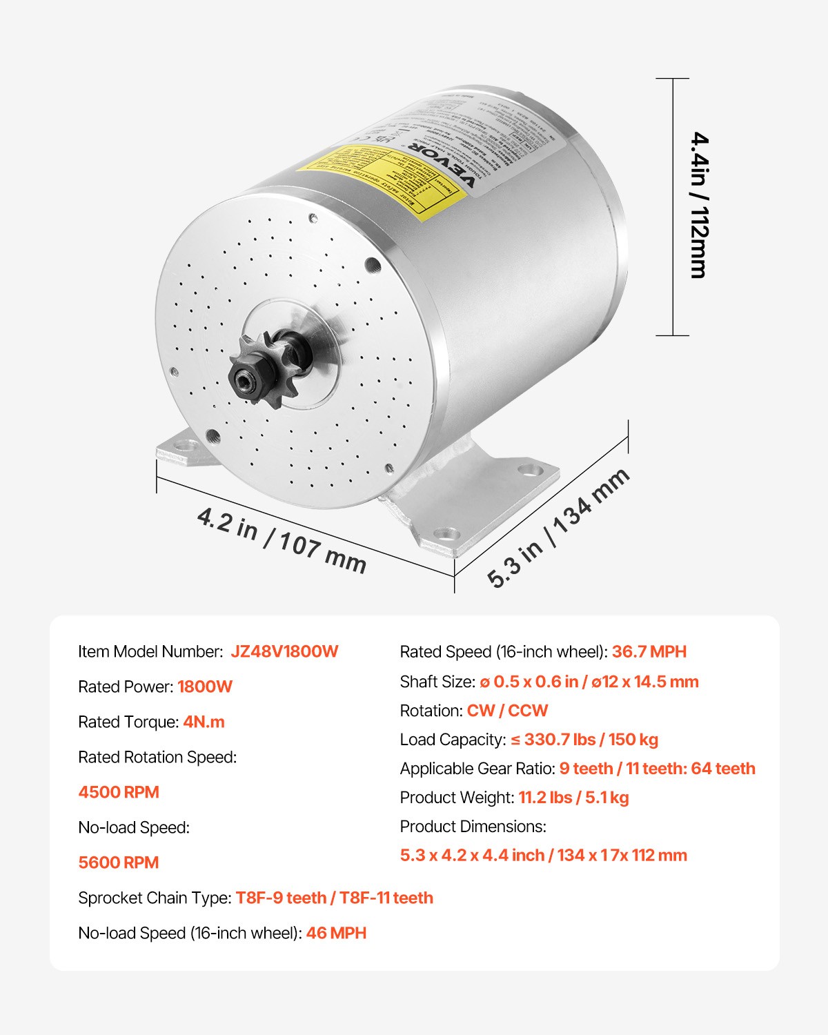 VEVOR 1800W Electric Brushless DC Motor Kit 48V 4500rpm Motor with Controller