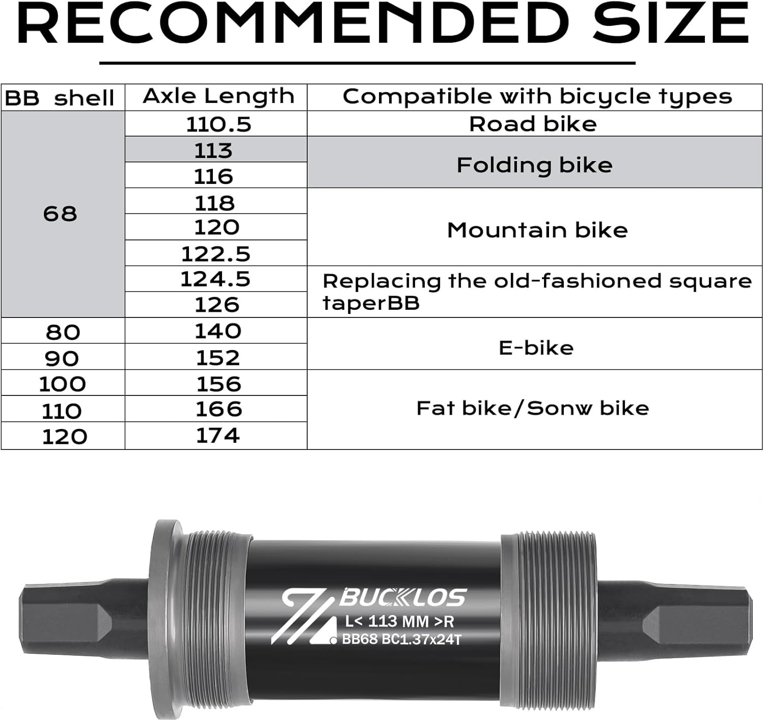 Bike Square Taper Bottom Bracket – 68/80/90/100/110/120×110.5 113 116 118 122…
