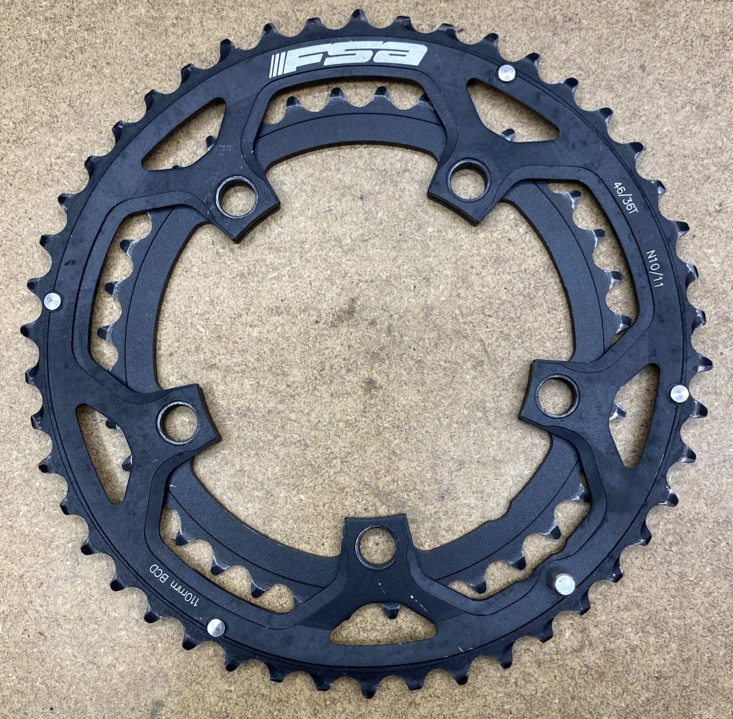Used FSA Chainring Set 110bcd 46t/36t 10 Or 11 Speed Black Double Chainwheel