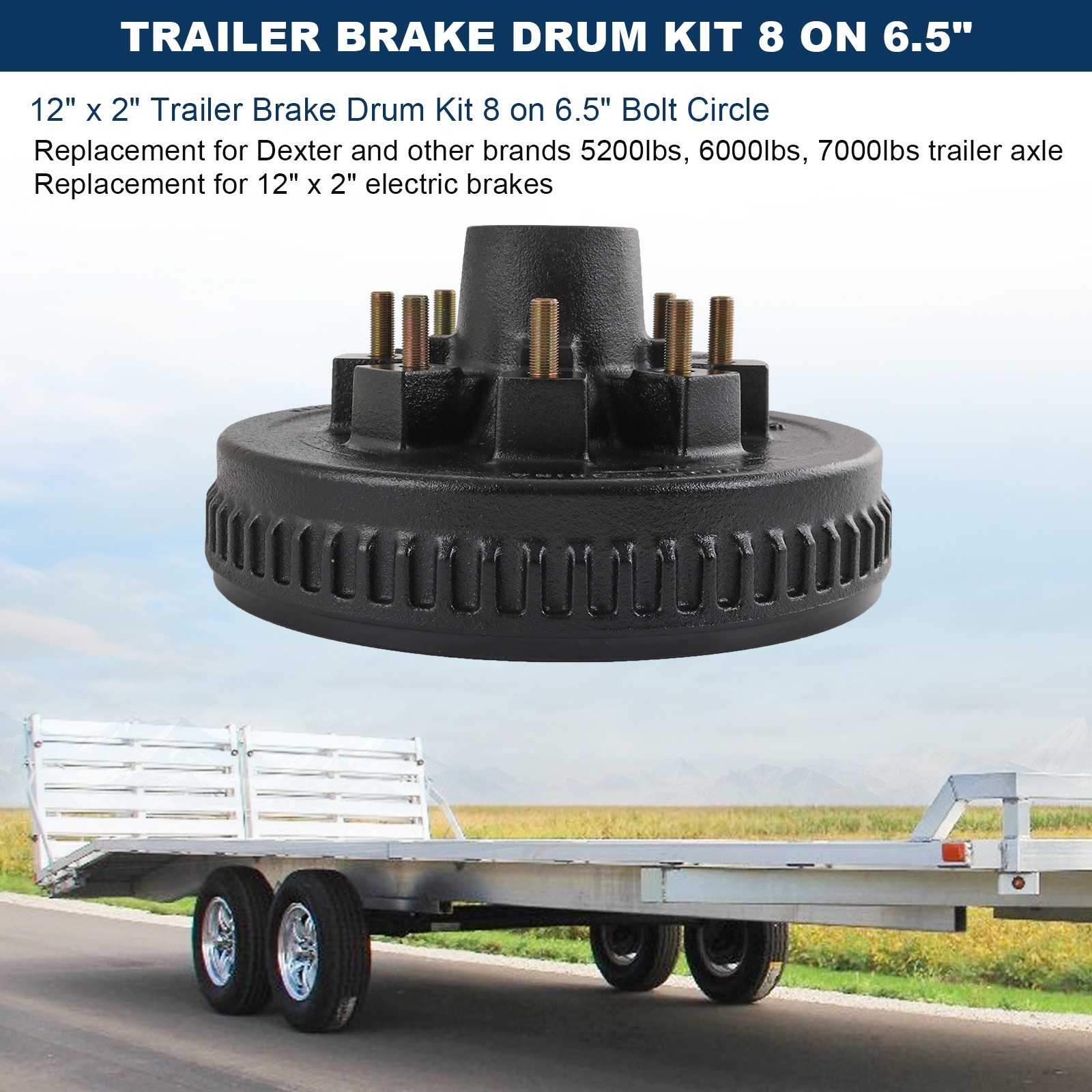 8 on 6.5″ Bolt Circle Hub Drum Kits w/ 12″ x 2″ LH&RH Electric Brake for 7000lbs