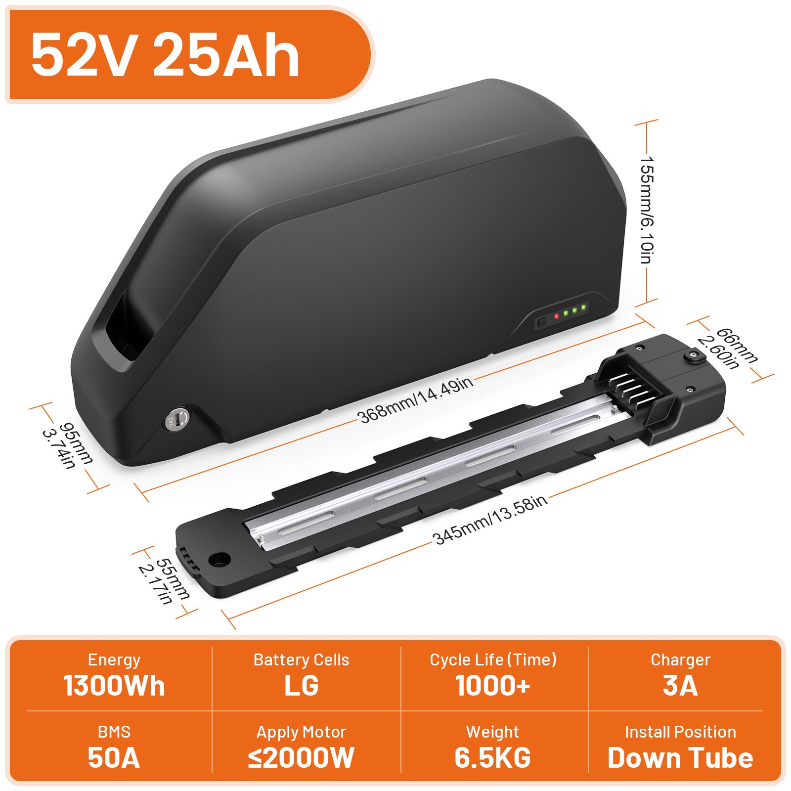 52V 25Ah Ebike Battery Model R049-6, UL2271 Certified, UN38.3 Tested