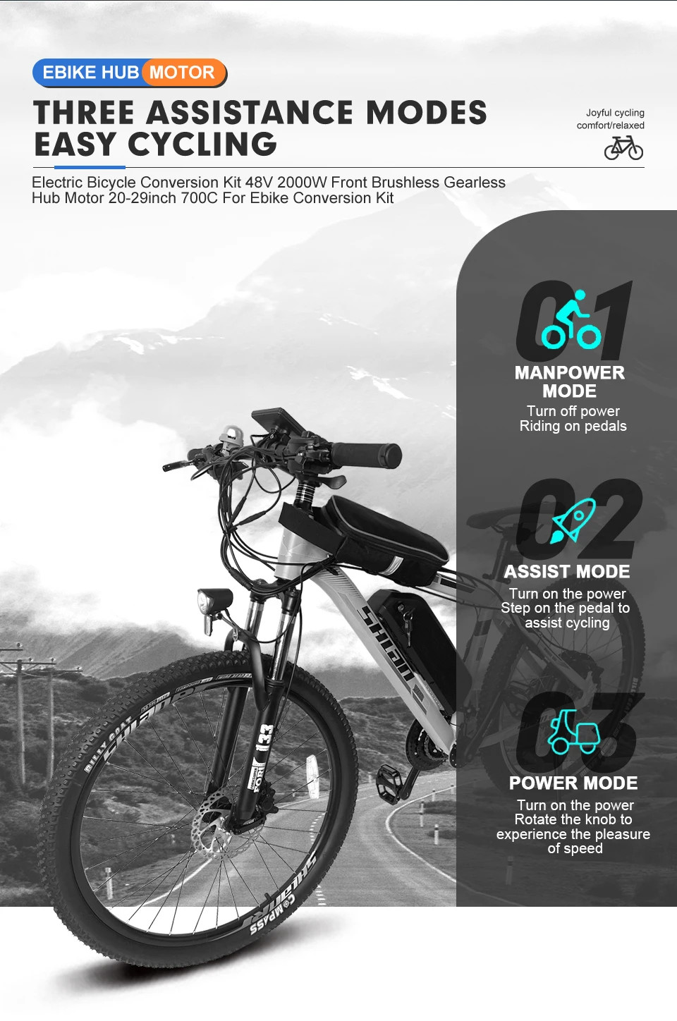 48V 2000W MTB Electric Bicycle Conversion Kit Front Hub Motor Wheel 20-29in 700c