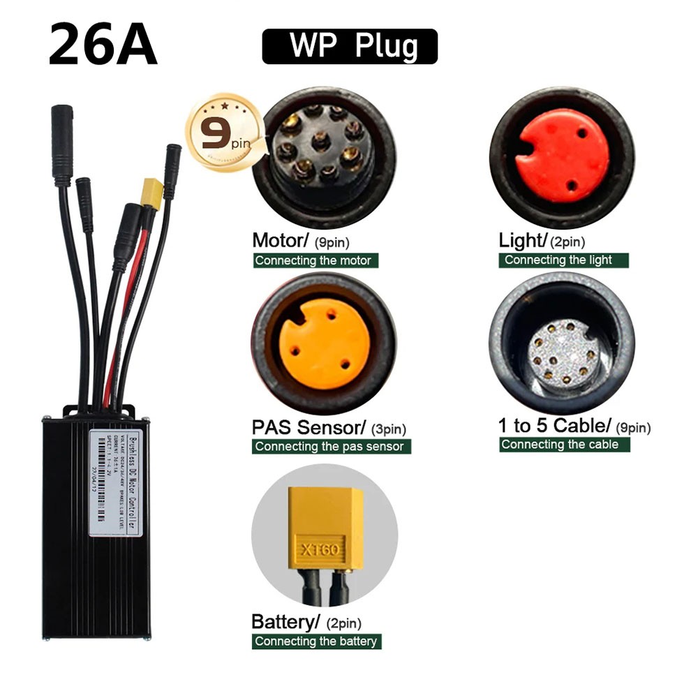 Ebike Controller 24V/36V/48V 17A 26A 30A Sine Wave 350W-1000W Motor Controller