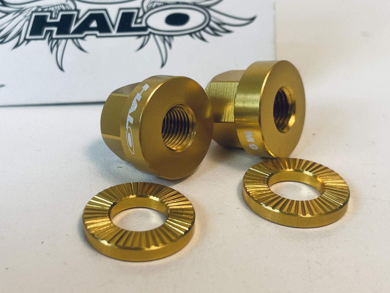 NOS Halo Alloy M9 Axle Nuts, 9mm, Gold Anodized – Pair
