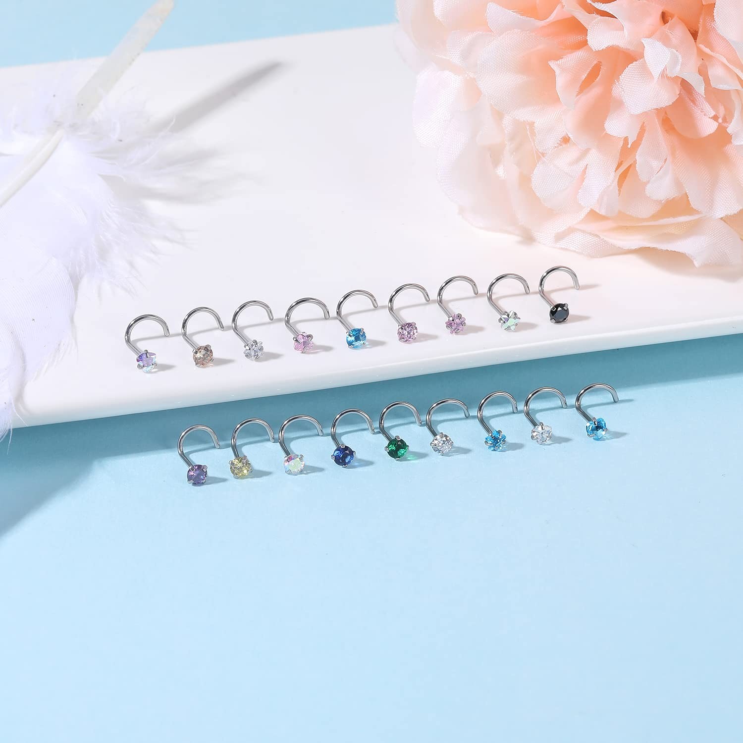 18pcs Stainless Steel Nose Studs Rings, 20 Gauge L Shaped stud Nose Rings for…