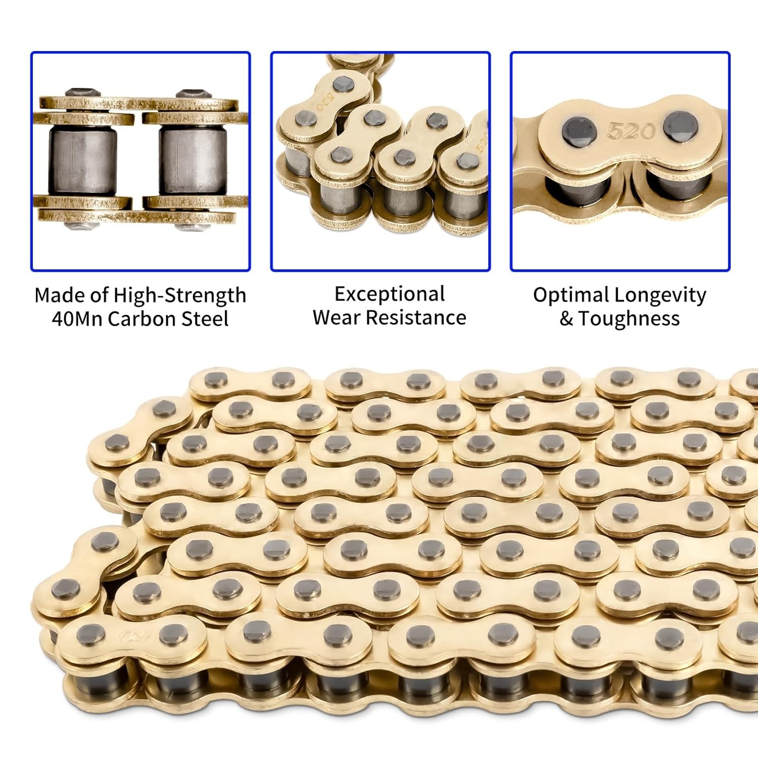 Belleone 520 Gold Motorcycle Chain 112 Links with Breaker, 520 112Link