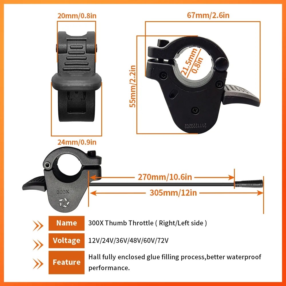 12V-72V E-bike Thumb Throttle 300X WP Plug For Bafang BBS01/02 BBSHD Mid Motor
